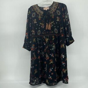Philosophy Floral Embroidered Tassel Tie Neck Long‎ Sleeve Boho Semi-Sheer Dress